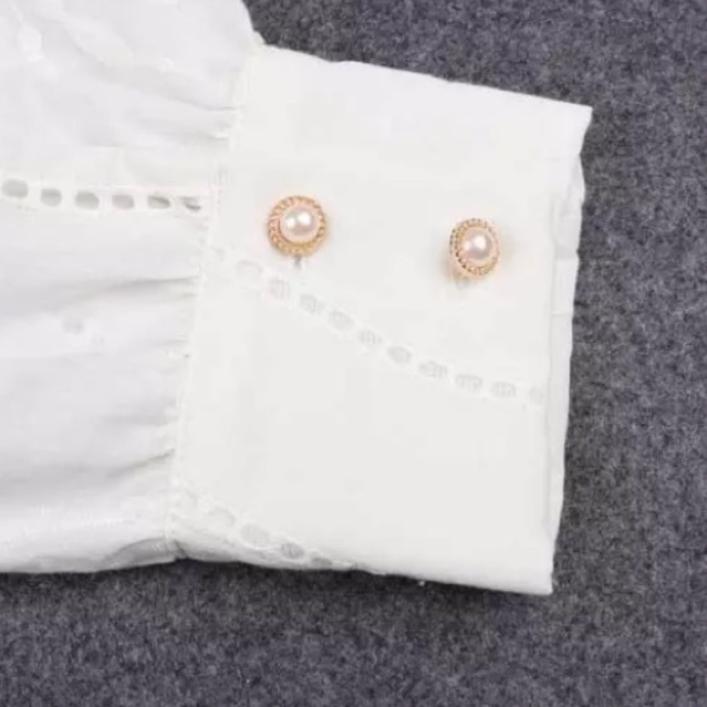 SOLD OUT White Boho Floral Eyelet Button Up Blouse - Picture 13 of 15
